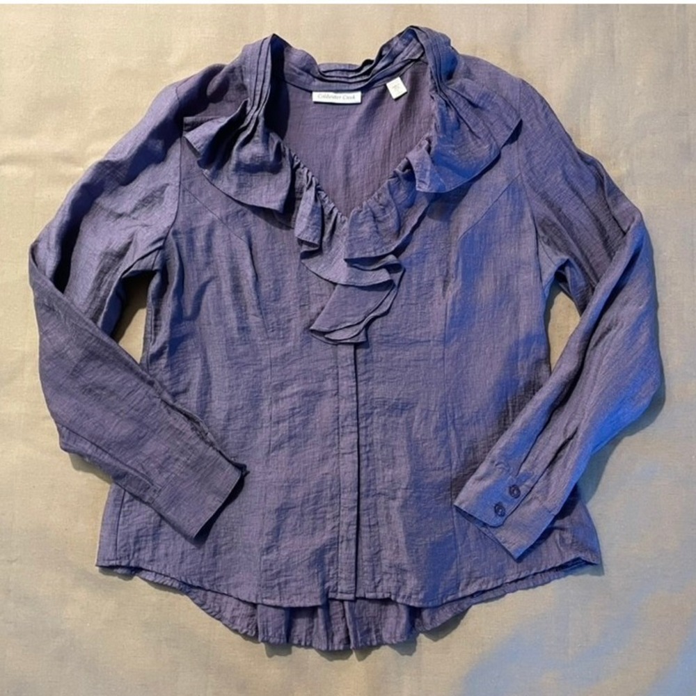 Coldwater Creek Ruffle Blouse L 14-16 Purple Lyocell Artsy Victorian Whimsygoth